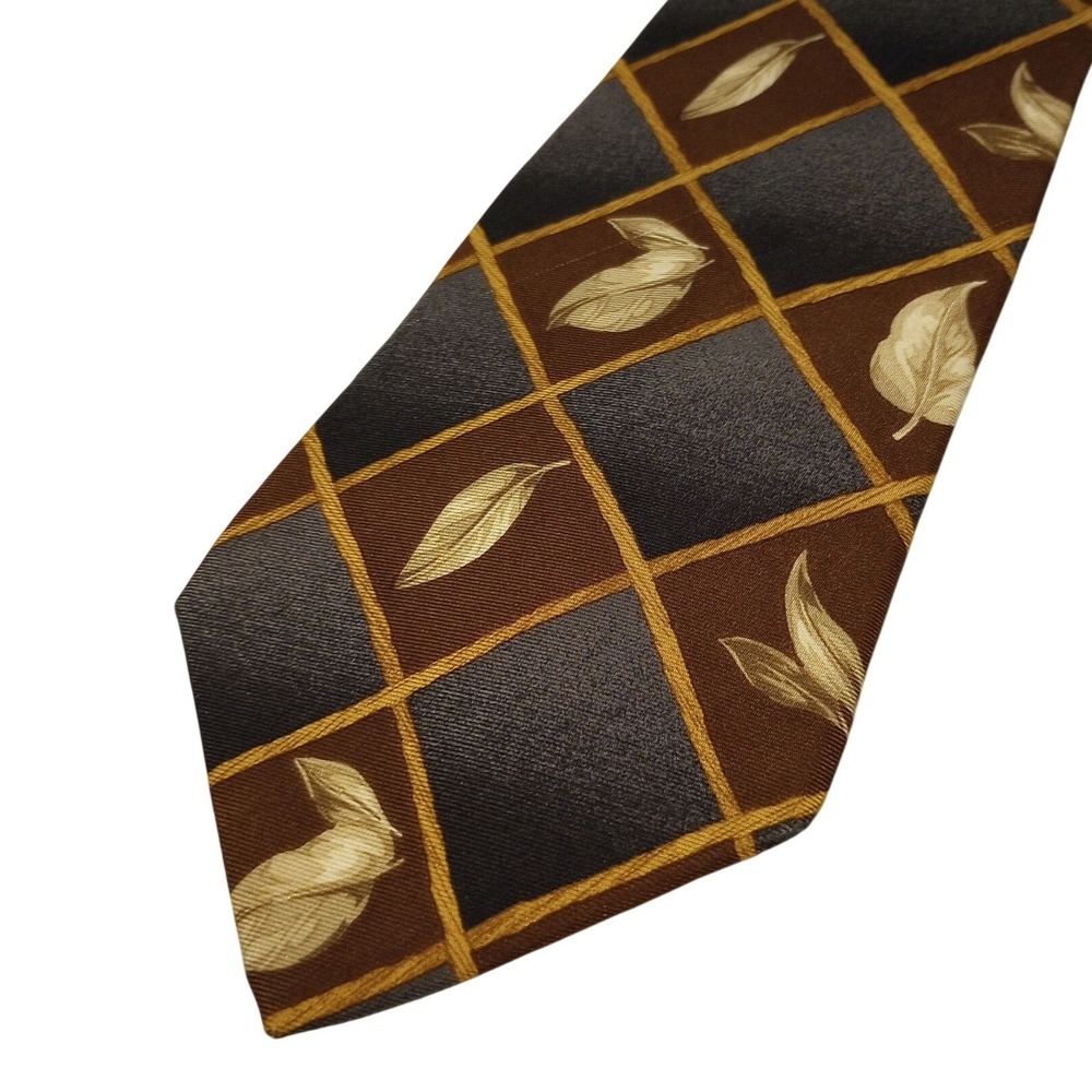 Colours by Alexander Julian Mens Silk Tie Brown Grey Diamond Leaf Pattern Gold